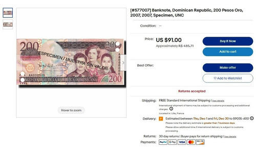 Bn8256 Rep. Dominicana 2007 200 Pesos Ouro Specimen Rara
