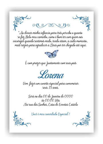 50 Convites 15 Anos Borboleta Azul