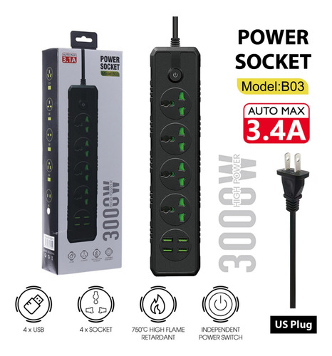 Regleta De Corriente 300 W Auto Max 3.4a /4 Usb/4 Corriente