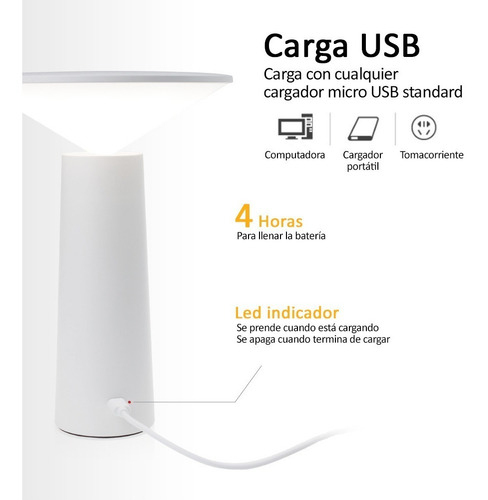 Lampara Velador Led Touch Regulable A Batería Carga Usb
