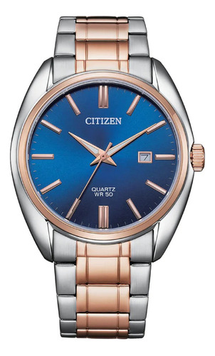 Reloj Citizen Bi510457l Para Hombre Triple Manecilla Fecha Malla Dos Tonos Bisel Rose Fondo Azul Oscuro