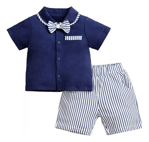 Conjunto Casual Traje Elegante De Verano Para Bebé Con Moño Azul Marino 3-6 Meses