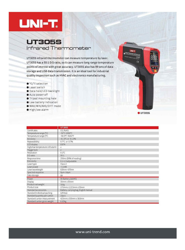 Termómetro Infrarrojo Profesional Uni -t Ut305s -50° C ~°