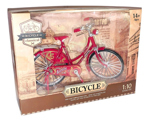 Bicicleta Retro Vinta Metal Troquelado Escala 1:10 Roja Dama