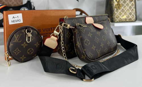 Cartera Multi Pochette Louis Vuitton Marrón Oscuro Monograma Oro Verde Oscuro
