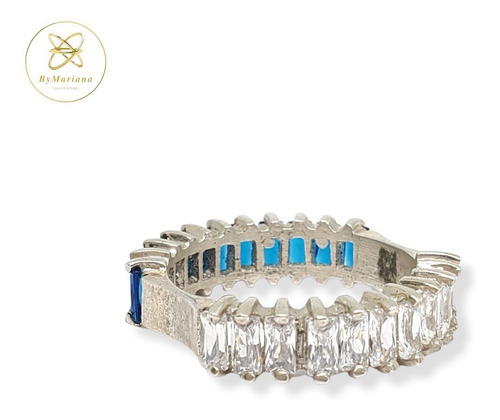 Imagen 5 de 8 de Anillo Plata Doble Con Piedras Baguette Blancas Y Turquesa