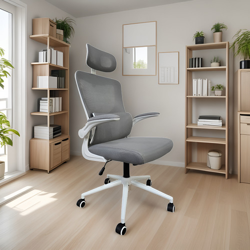 Sillon Ergonomico Singapur Apoyo Lumbar Brazos Rebatibles Color Blanco Material del tapizado Gris