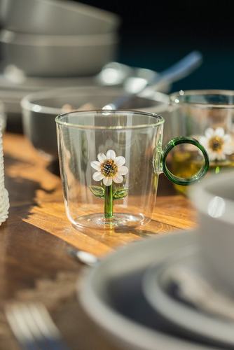 Taza Mug De Vidrio Transparente Manija Verde Flor