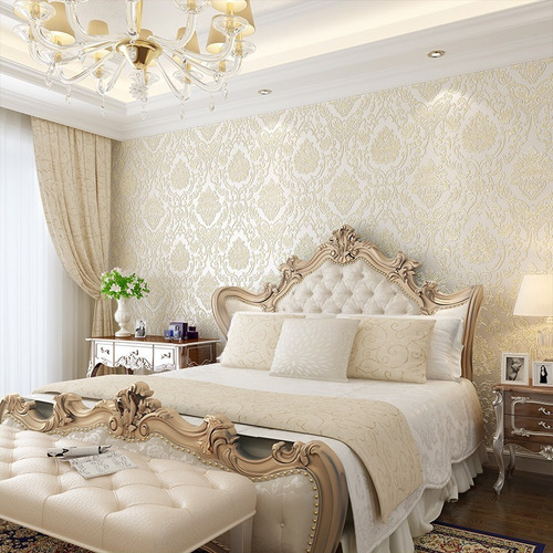 Imagen 1 de 6 de Papel Tapiz Estilo Damasco Europeo Con Relieve Pared Beige
