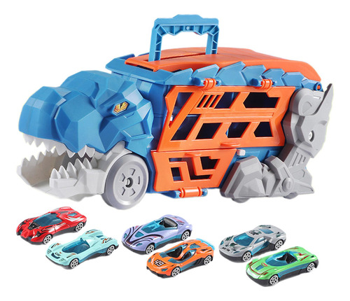 Camión De Transporte De Dinosaurios, Azul Con 6 Coches