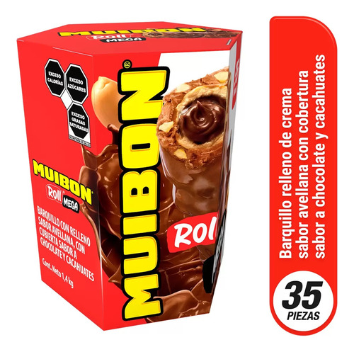 Muibon Roll Mega Barquillo Relleno Crema De Avellana 35 Pz