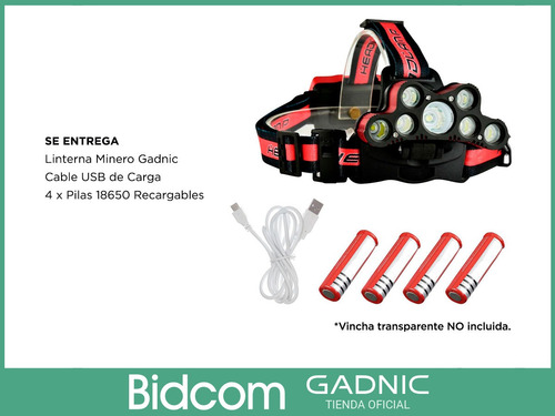 Linterna Minero Vincha + 4 Baterias 18650 + Cargador Homol.