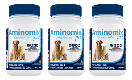 Aminomix Pet 120 Comprimidos Cães Gatos - Vetnil - 3x