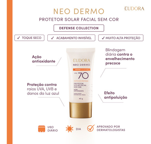 Eudora Neo Dermo Protetor Solar Facial Sem Cor Fps 70 40ml