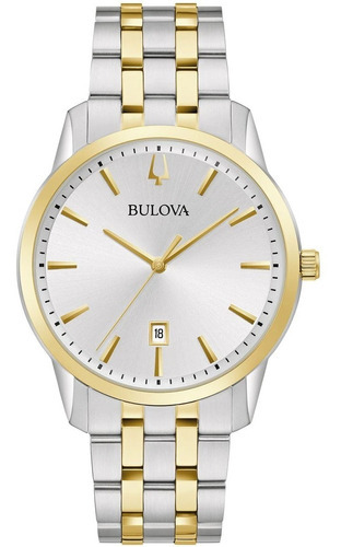 Reloj Bulova Sutton 98b385 Para Caballero Original E-watch Color De La Correa Plateado Color Del Bisel Dorado Color Del Fondo Plateado