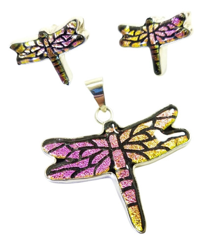 Set Dije Y Aretes De Libélula En Plata Fina .925 Y Dikroico Plata .925 Multicolor