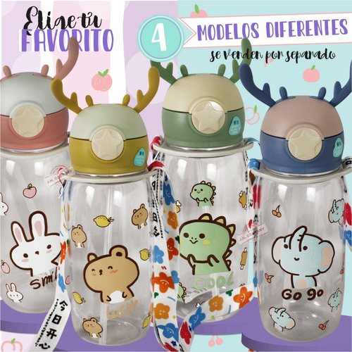 Imagen 8 de 9 de Botella De Agua Kawaii 600 Ml Crossbody Animalitos 600180