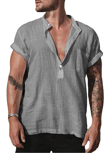 Camiseta De Hombre Camisa Con Cuello En V Algodón Lino Juven