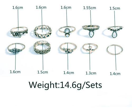 Juego De 10 Anillos Midi De Aleación De Plata.