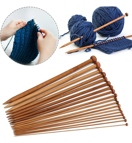 Kit 36 Agujas Ganchos De Bambú Para Tejido Crochet 25cm