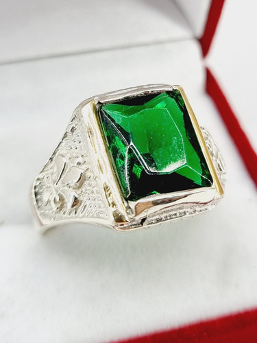 Anillo Sello Hombre Plata 925 Y Oro Piedra Verde 