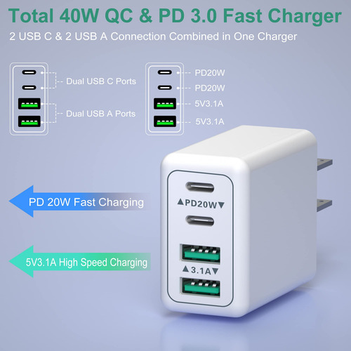 Cargador De Pared Usb C Rápido 40w 2 Unidades 4 Puertos