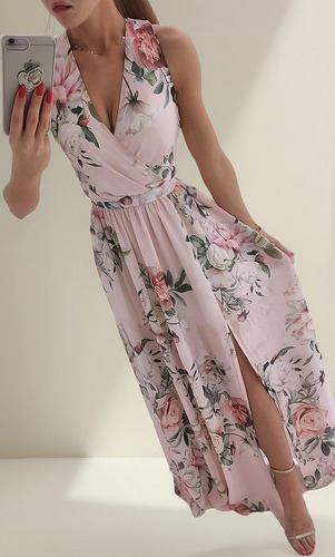Vestido Maxi Estampado Floral Con Cuello En V Y Cinturón
