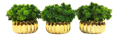  Kit Decorativo Sala C/ 3 Vasinhos Dourados + Planta Artif.