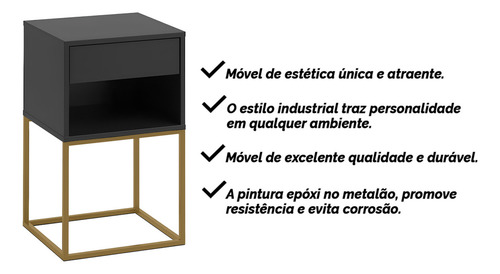 Cabeceira Ripada Casal Queen King Com 2 Mesas De Cab 1 Gavt Cor Preto | Preto/pé Dourado