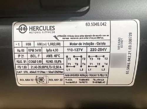 Motor Elétrico 2cv 2polos Hercules Ip21 Alta Rotação + Polia