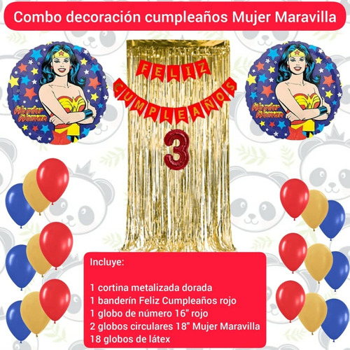 Combo Decoración Cumpleaños Globos Cortina Mujer Maravilla