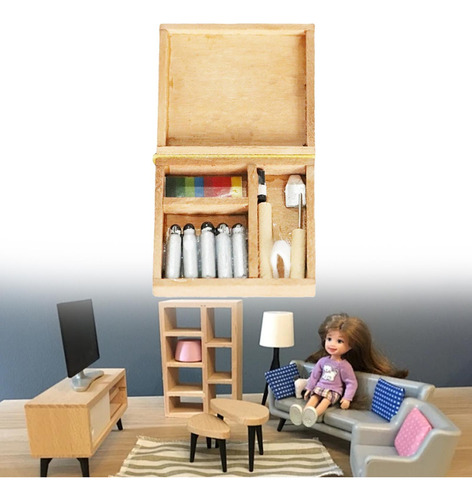 1: 12 Escala Dollhouse Mini Caja De Pintura Cepillos