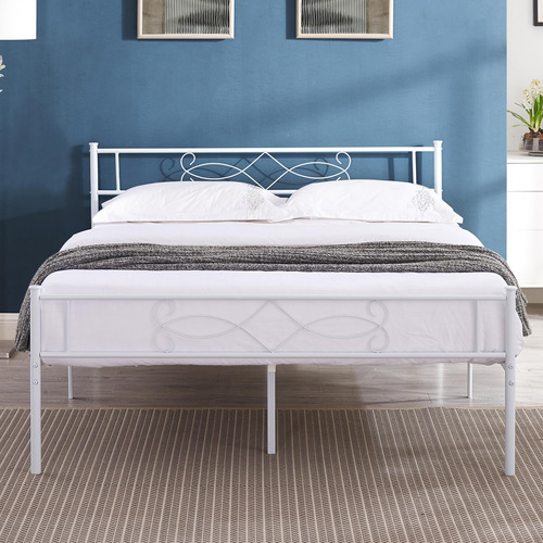 Vecelo Marco De Cama De Metal Tamano Queen Color Blanco, Bas