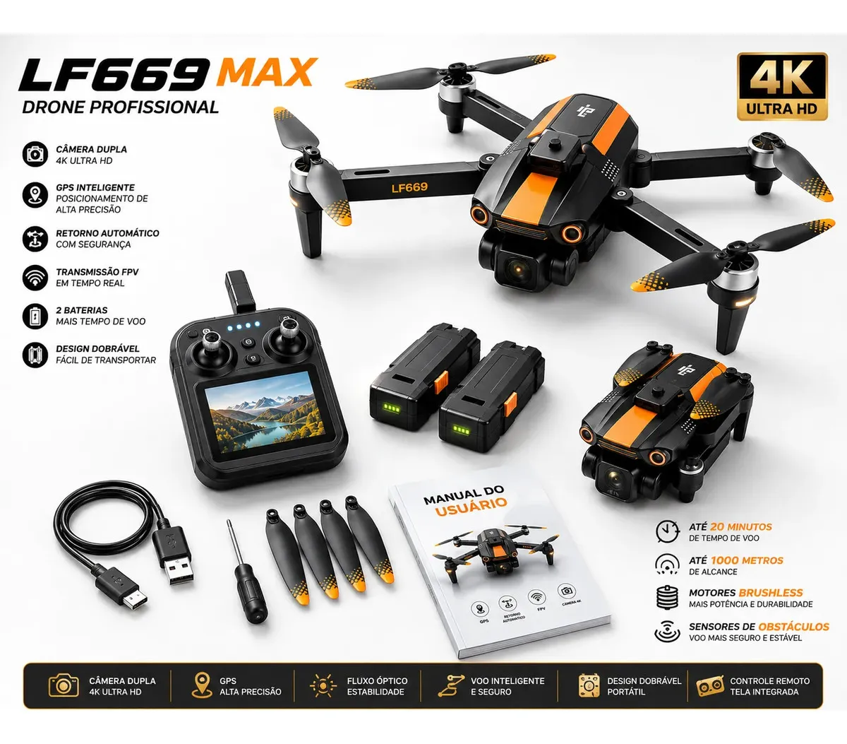 Drone Profissional Popsy LF669 GPS com Câmera Dupla 4K e FPV
