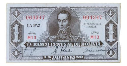 Cédulas Bolívia 1928 - Sob - 1 Boliviano - Cód.057 (Usado)