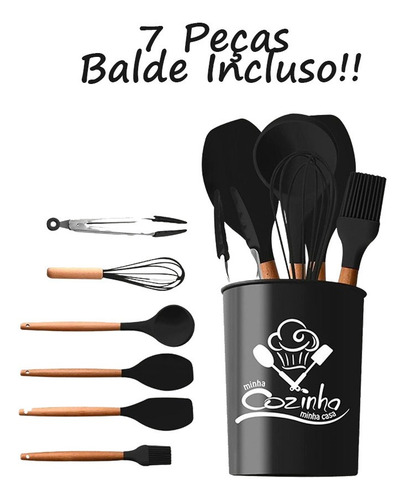Imagem 5 de 7 de Utensilios De Cozinha 7pçs Preto Utensílios De Silicones