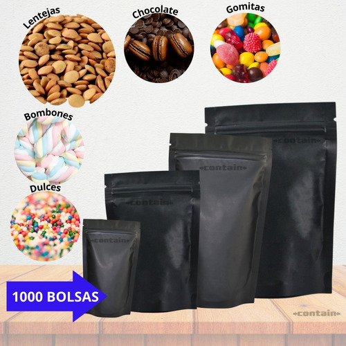 1000 Bolsas Stand Up Pouch Con Cierre Negro Mate De 250 Grs