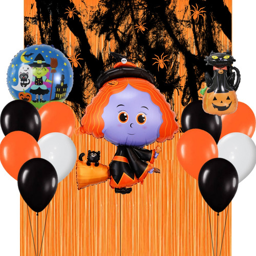 Combo Cumpleaños Globos Tematica Halloween Brujita Naranja