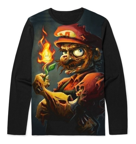 Camiseta Manga Longa Legal Jogo Mario Fogo Plus Size