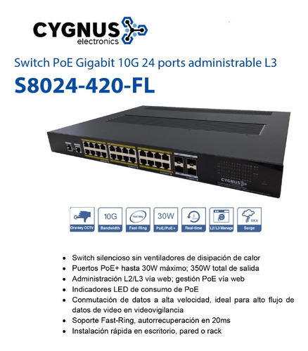Switch 24 Ports Gb Poe+ 4 Ports Sfp 10gb L3 Fanless
