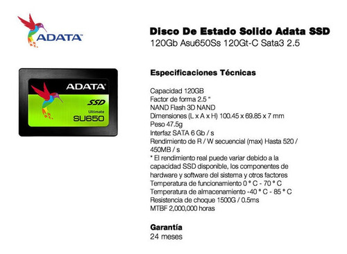 Disco De Estado Solido Adata Ssd 120gb Asu650ss 120gt-c