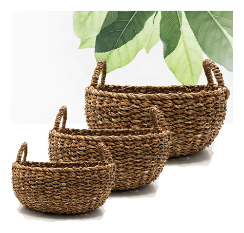 Juego de 3 cestas de paja, bandeja decorativa multiusos para el hogar, juego de cestas de colores con asa