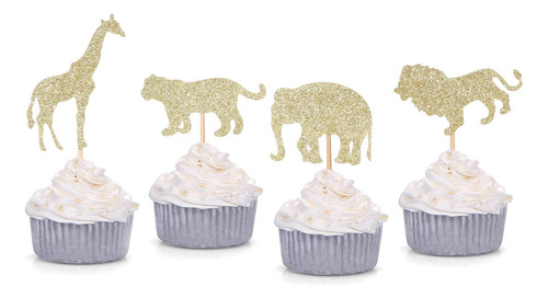 24 Cuentas Oro Brillo Selva Safari Animal Cupcake Toppe...