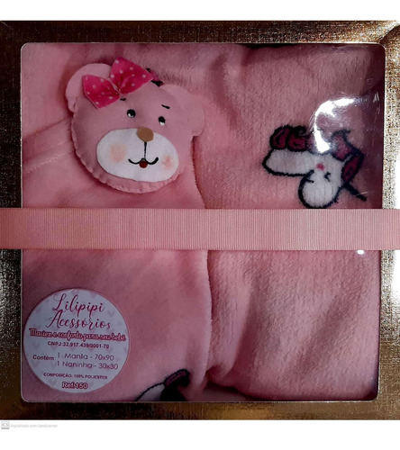 Imagem 1 de 4 de Kit Presente Bebê Manta E Naninha Na Caixa Meninas Urso Rosa