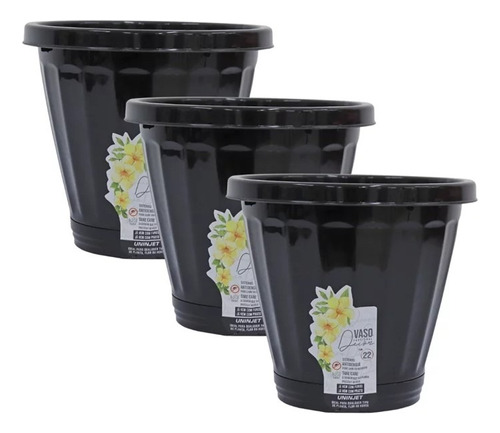 Kit 3 Vasos Cachepot P/ Plantas Temperos Flores C/ Prato N22 Cor Preto