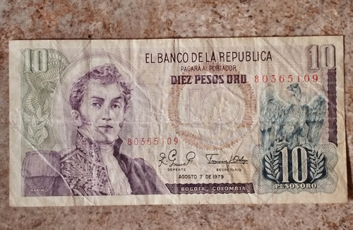 Billete 10 Pesos Oro. Colombia. Año 1979