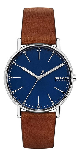 Reloj Skagen Skw6355 Signatur De Tres Manos De 40 Mm Mini Color de la correa Café Color del bisel Dorado Color del fondo Azul