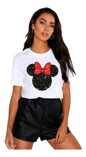 Polera Dama Estampada 100%algodon Silueta Minnie Con Lazo