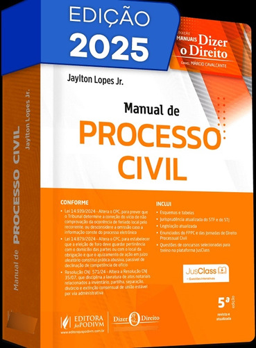 Manual De Processo Civil - 5 Edição 2025 Juspodivm, De Jaylton Lopes Jr.., Vol. 1. Editorial Juspodivm, Capa Mole, Edição 5 Em Português, 2025