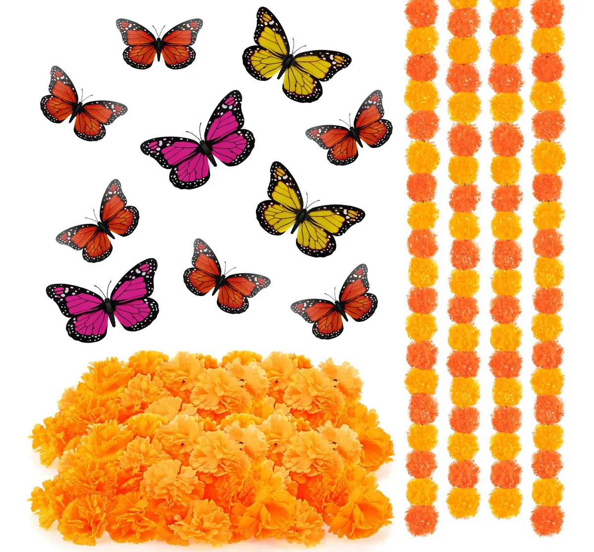 150 Flores De Cempasúchil Y 10 Mariposas Adornos Halloween Color Naranja claro